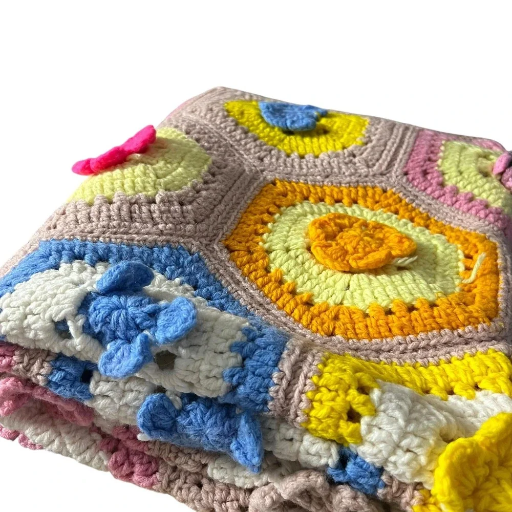 Handmade Crochet‎ Baby Blanket Flower Garden Hexagon Afghan 33x54